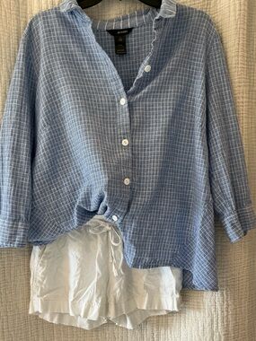 Ali Miles Linen Cotton Blend Blue Textured Button Top Size L Lightweight